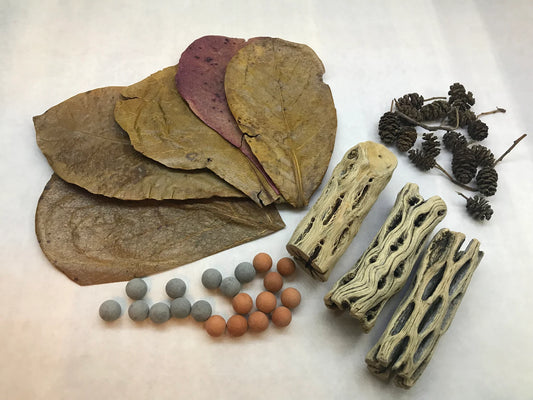 Indian Almond Leaves x5, Mineral Balls x10, Red Bee Balls x10, Cholla Wood x3, Alder Cones x15